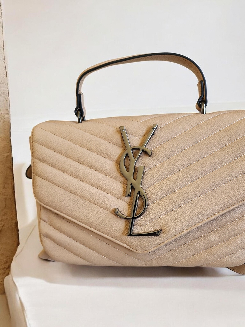 Saint Laurent Beige Quilted Top-Handle Satchel